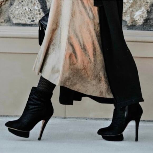 L.A.M.B Noss Mid Calf Black Fur Pedastal Platform Stilletto Boots Size 7 - Picture 16 of 16